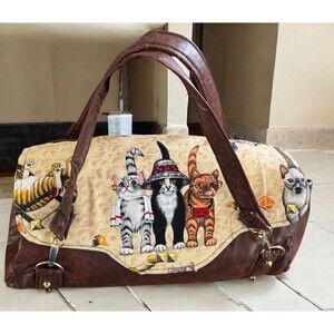 Vintage Cats Furry Felines Kitties Kittens Handbag Adorable Brown Vegan Leather